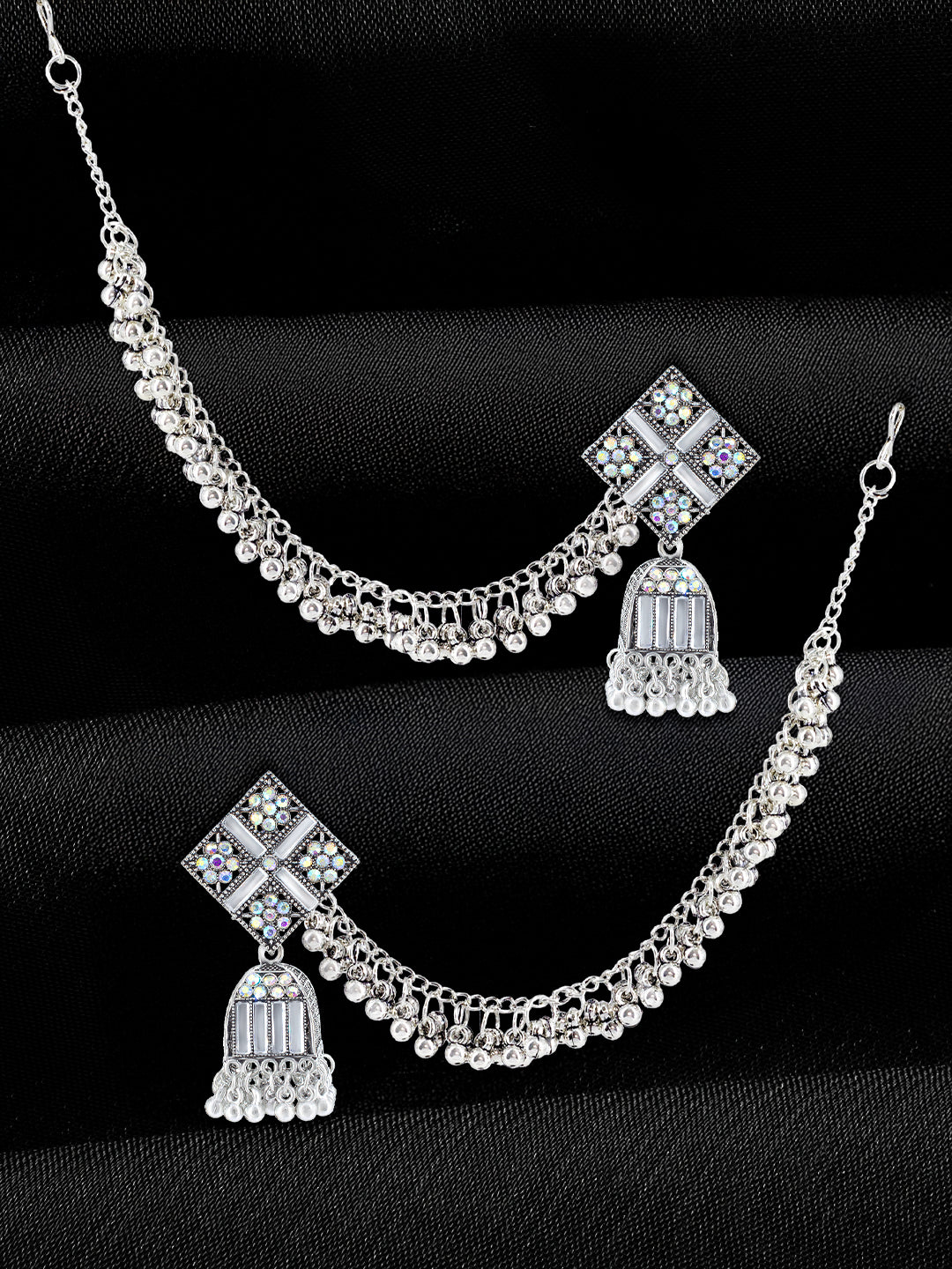 Silver Oxidised Rhinestone Studded Jhumka Earrings With Ear chain