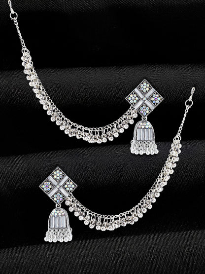 Silver Oxidised Rhinestone Studded Jhumka Earrings With Ear chain