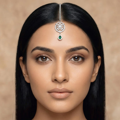 Rhodium Plated Green AD Maang Tikka for Women