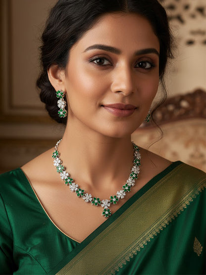 Silver Plated Green AD Floral Jewellery Set for Women