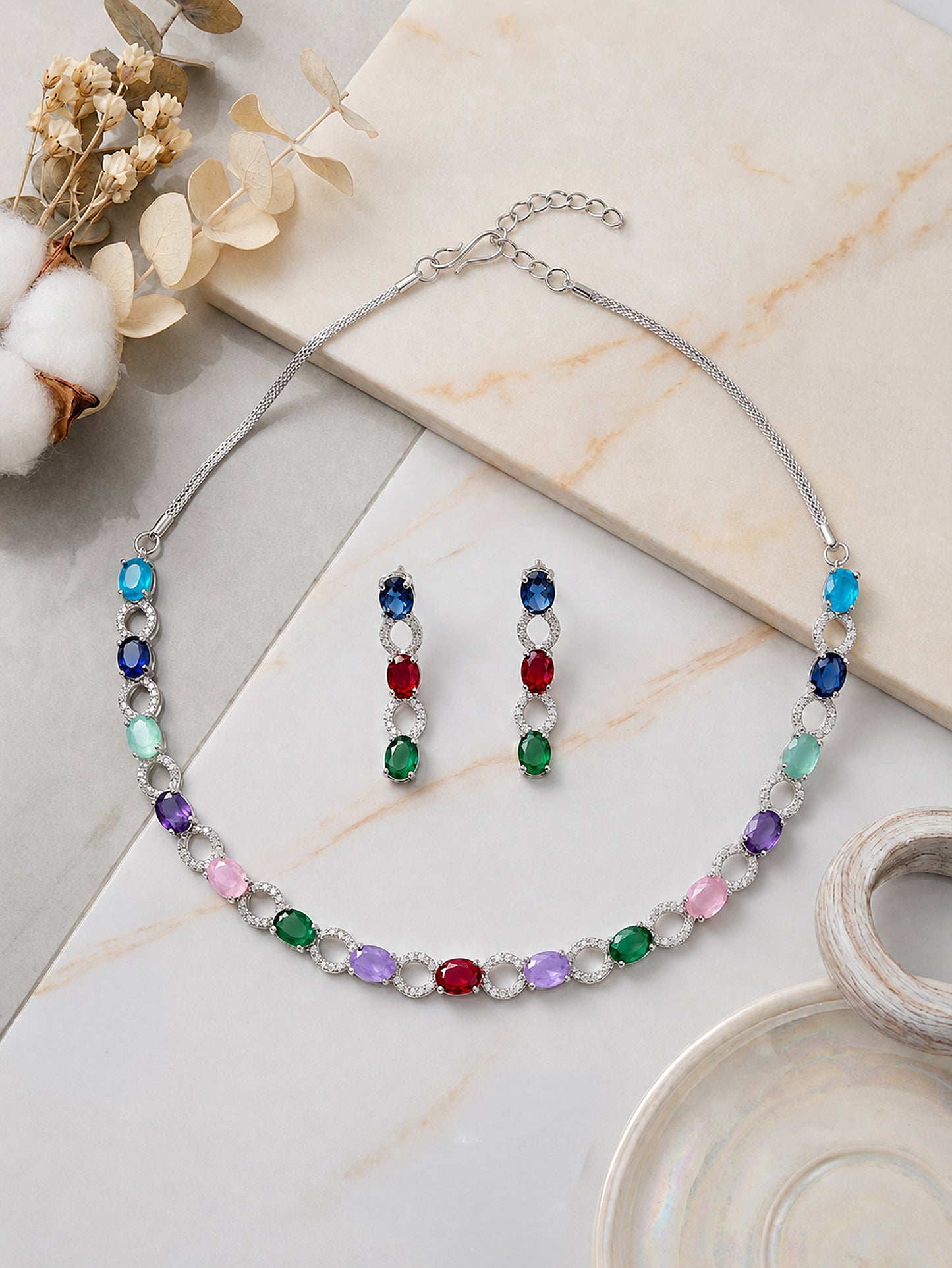 Silver Plated Multi Colour AD Choker Set for Women