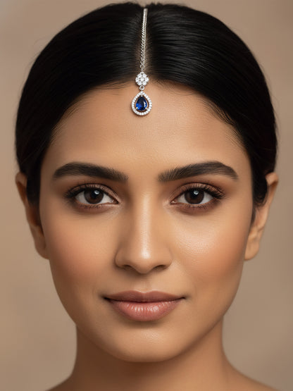 Silver Plated Blue AD Teardrop Maang Tikka for Women