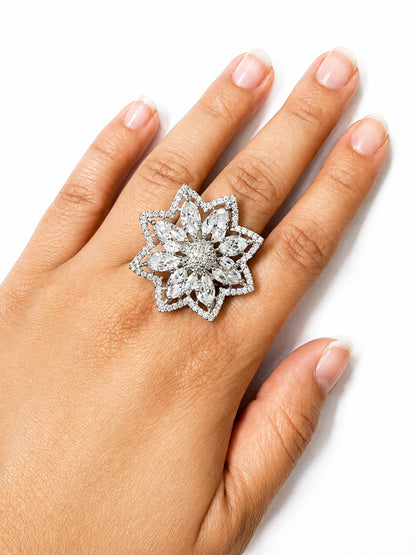 Silver Plated AD Floral Finger Ring for Women