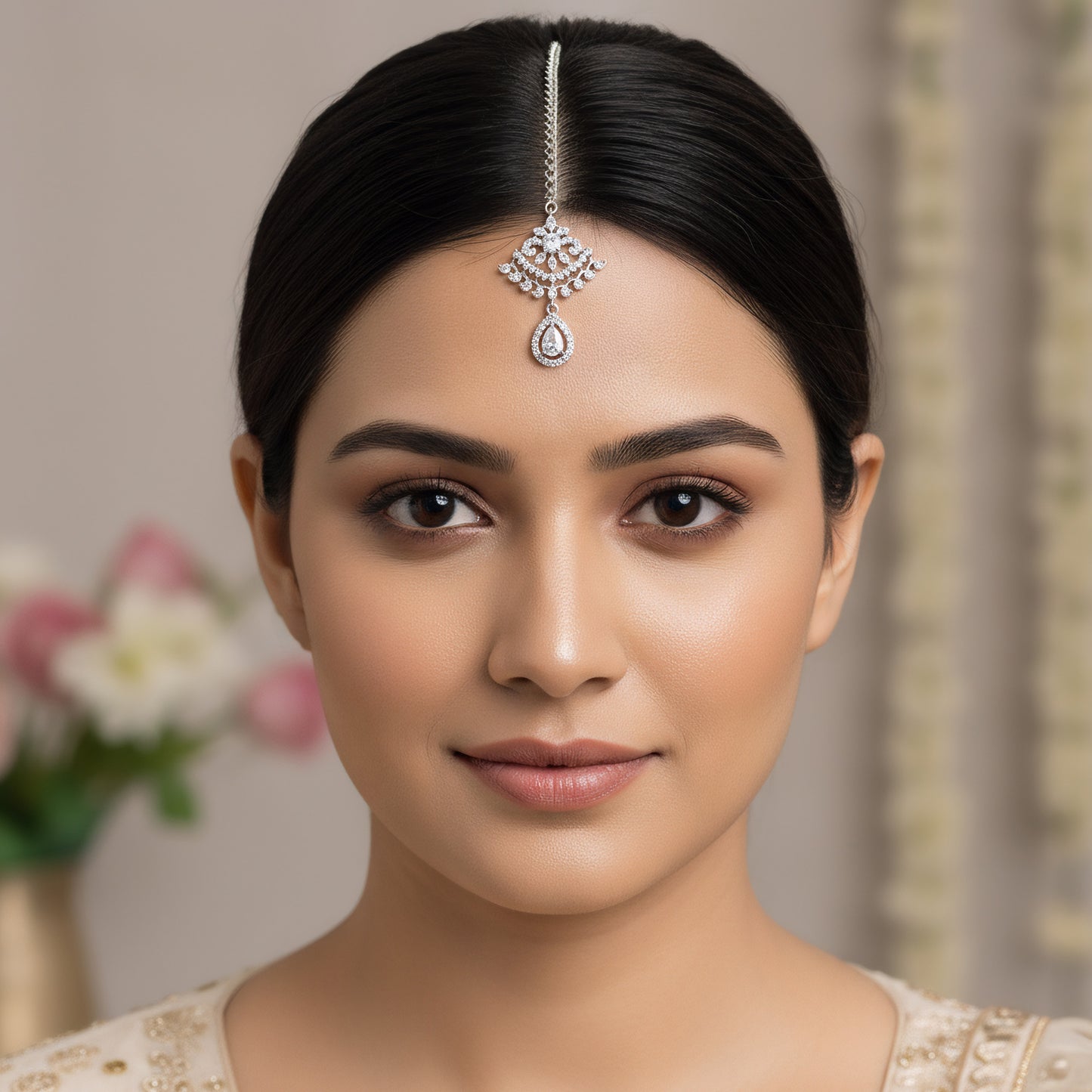 Silver Plated White AD Maang Tikka for Women