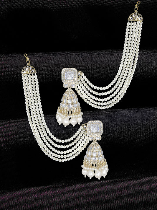 Gold-Plated Kundan-Studded Jhumka Earrings With Pearl-Beaded Hair Chain