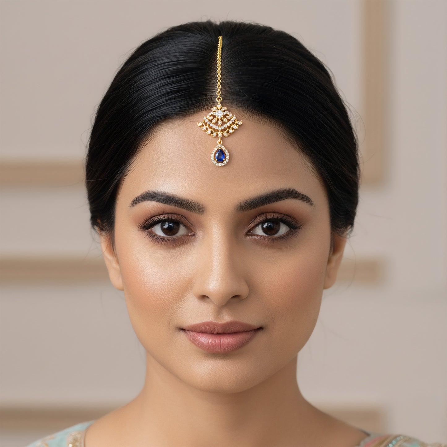 Gold Plated Blue AD Maang Tikka for Women