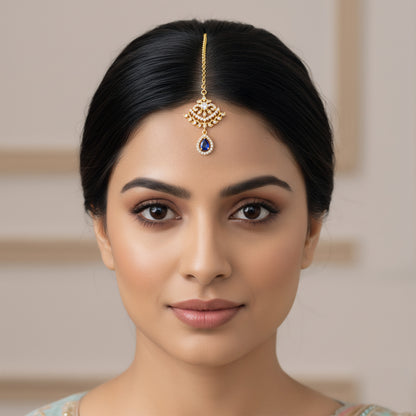 Gold Plated Blue AD Maang Tikka for Women