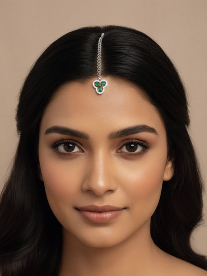 Silver Plated Green AD Maang Tikka for Women
