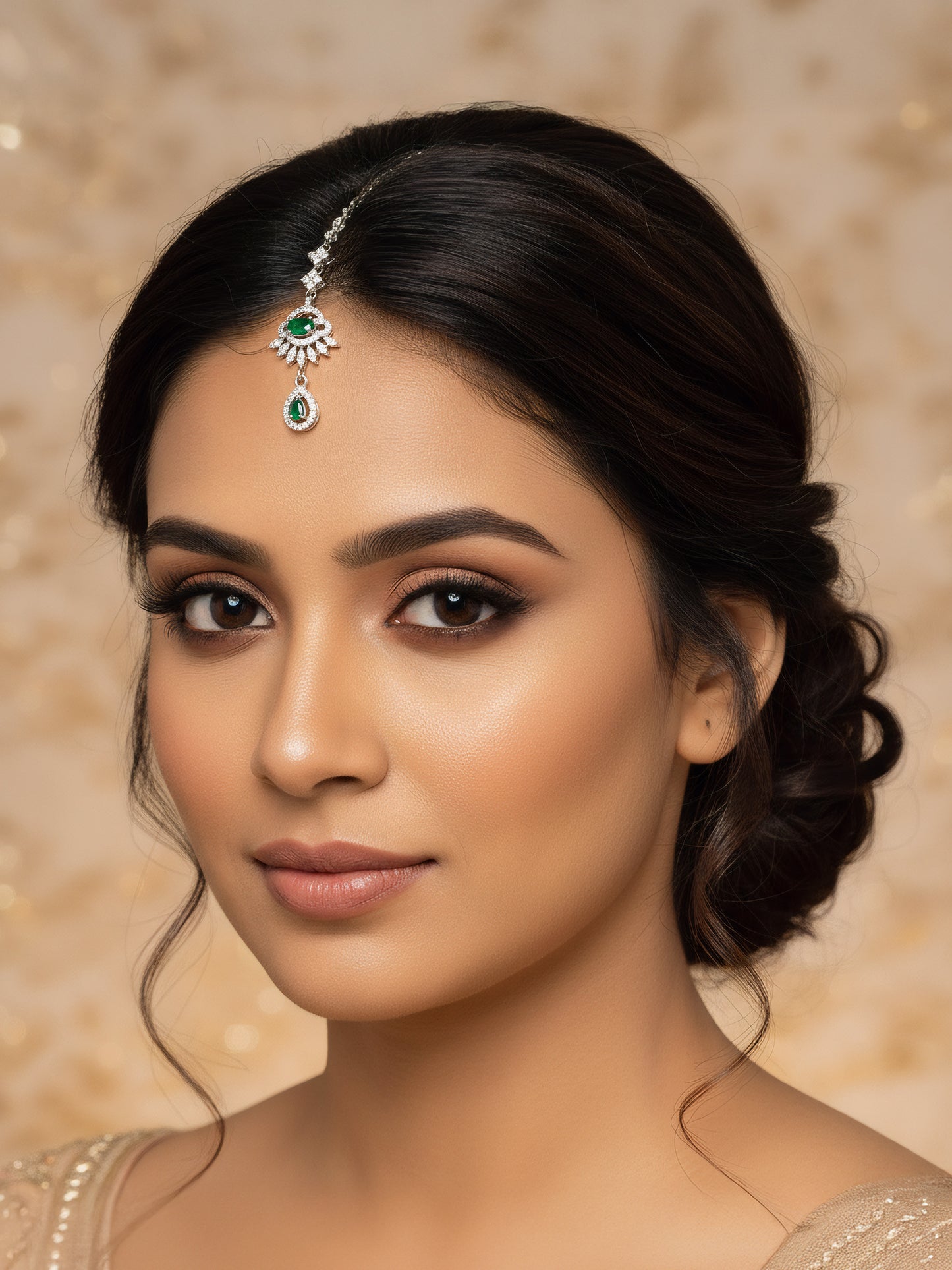 Silver Plated Green AD Drop Maang Tikka for Women