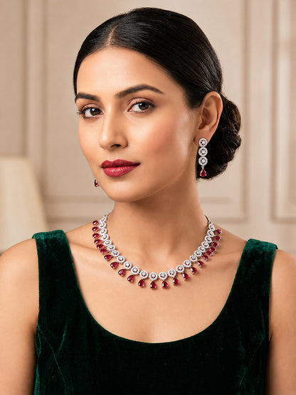Silver Plated Red AD Jewellery Set for Women