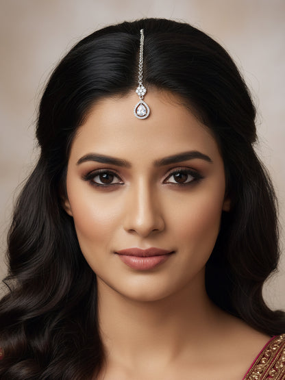 Rhodium Plated White AD Teardrop Maang Tikka for Women