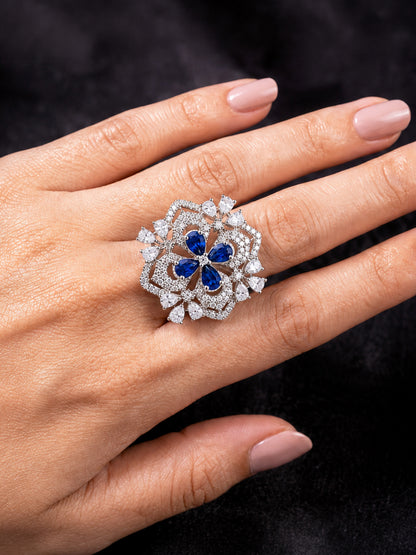 Rhodium Plated Blue AD Floral Finger Ring for Women