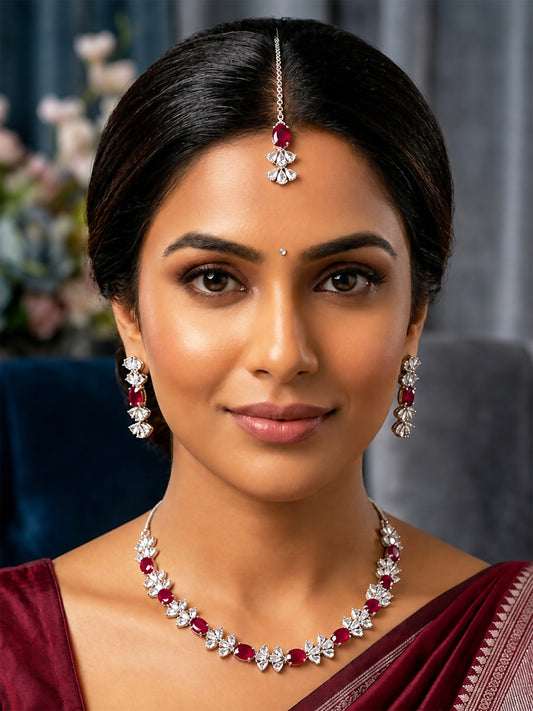Silver Plated Red AD Jewellery Set for Women