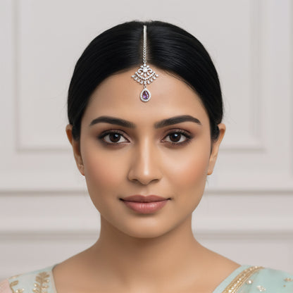 Silver Plated Purple AD Maang Tikka for Women