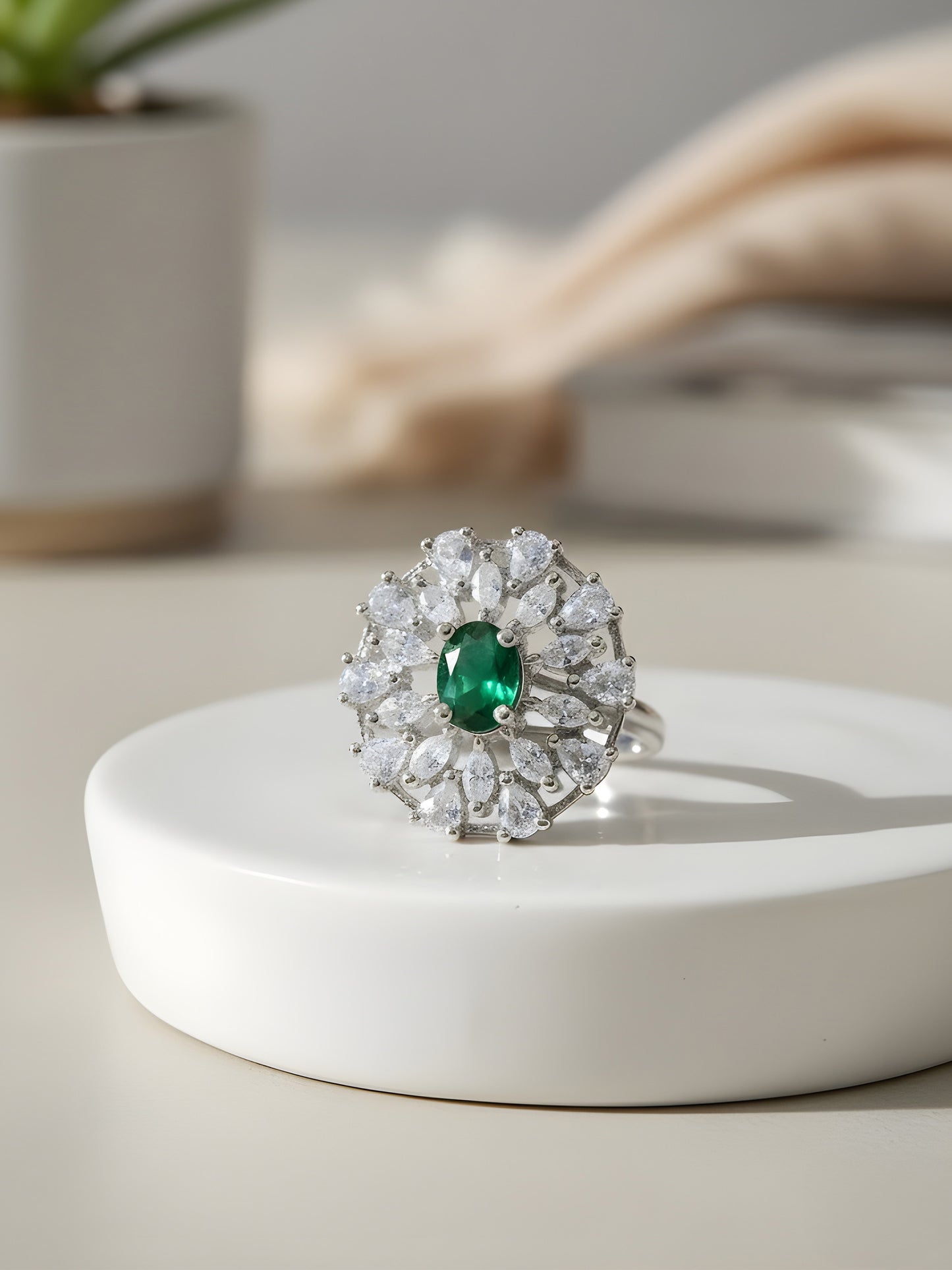 Silver Plated Green AD Floral Adjustable Ring for Women