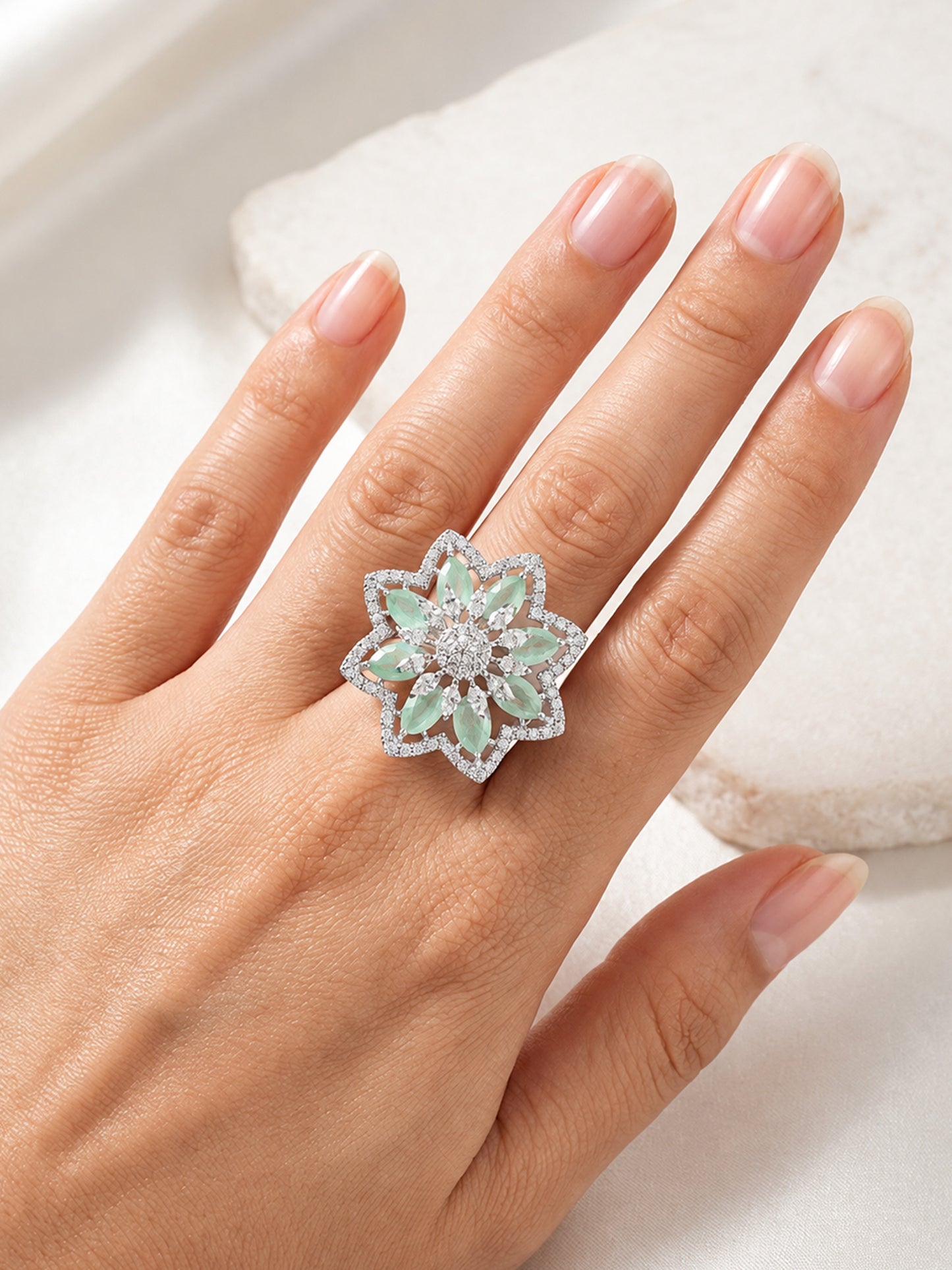 Silver Plated Green AD Floral Finger Ring for Women