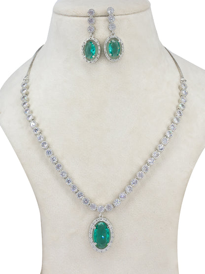 Rhodium Plated Green Oval Shaped American Diamond Jewellery Set