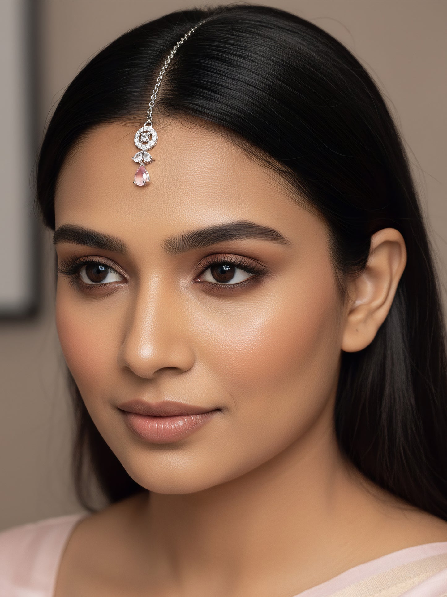 Silver Plated Pink AD Maang Tikka for Women