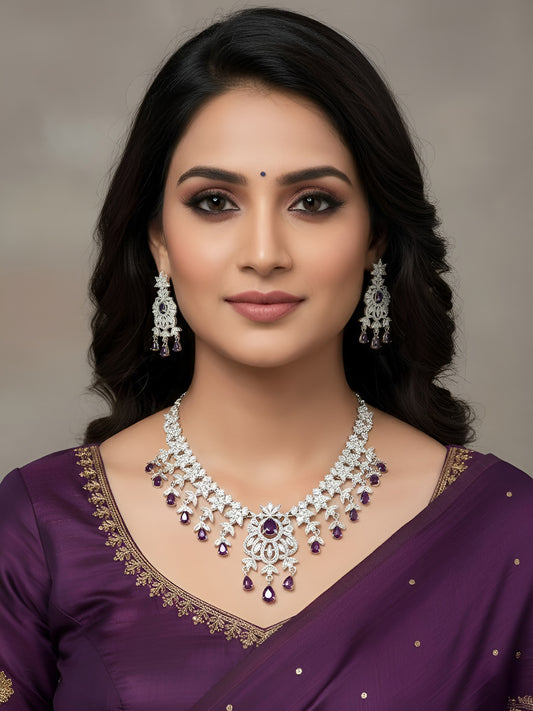 Rhodium Plated Purple & White AD Jewellery Set