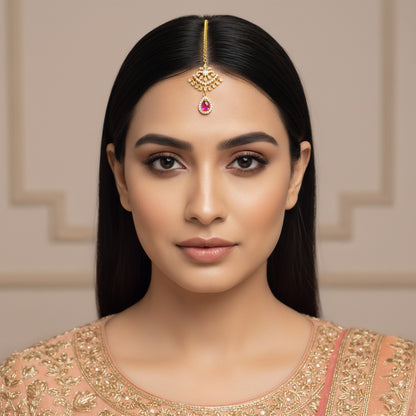Gold Plated Red AD Maang Tikka for Women