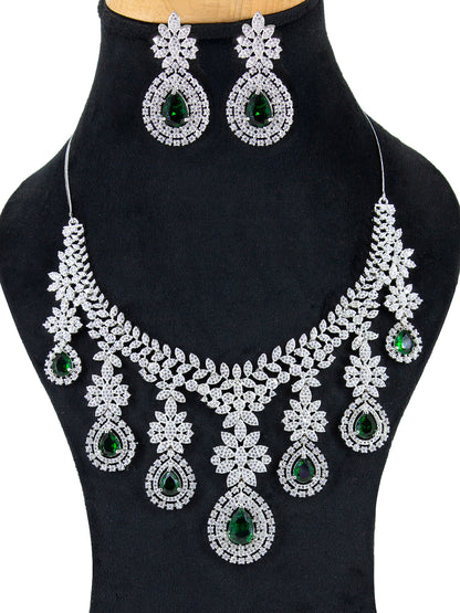 Rhodium-Plated Green Statement AD-Studded Bridal Jewellery Set