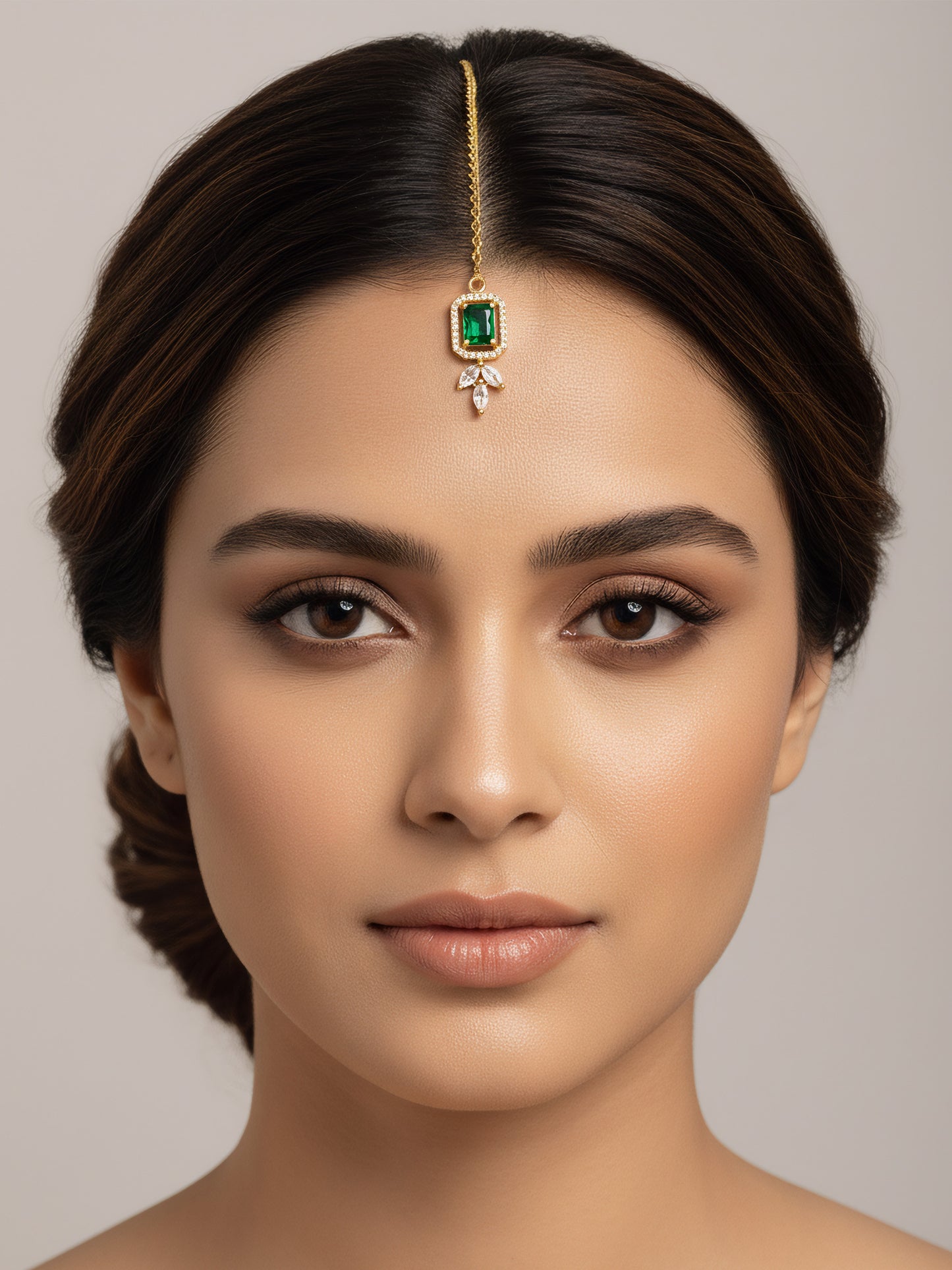 Gold Plated Green American Diamond Maang Tikka for Women