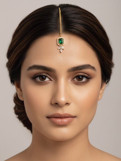 Gold Plated Green American Diamond Maang Tikka for Women