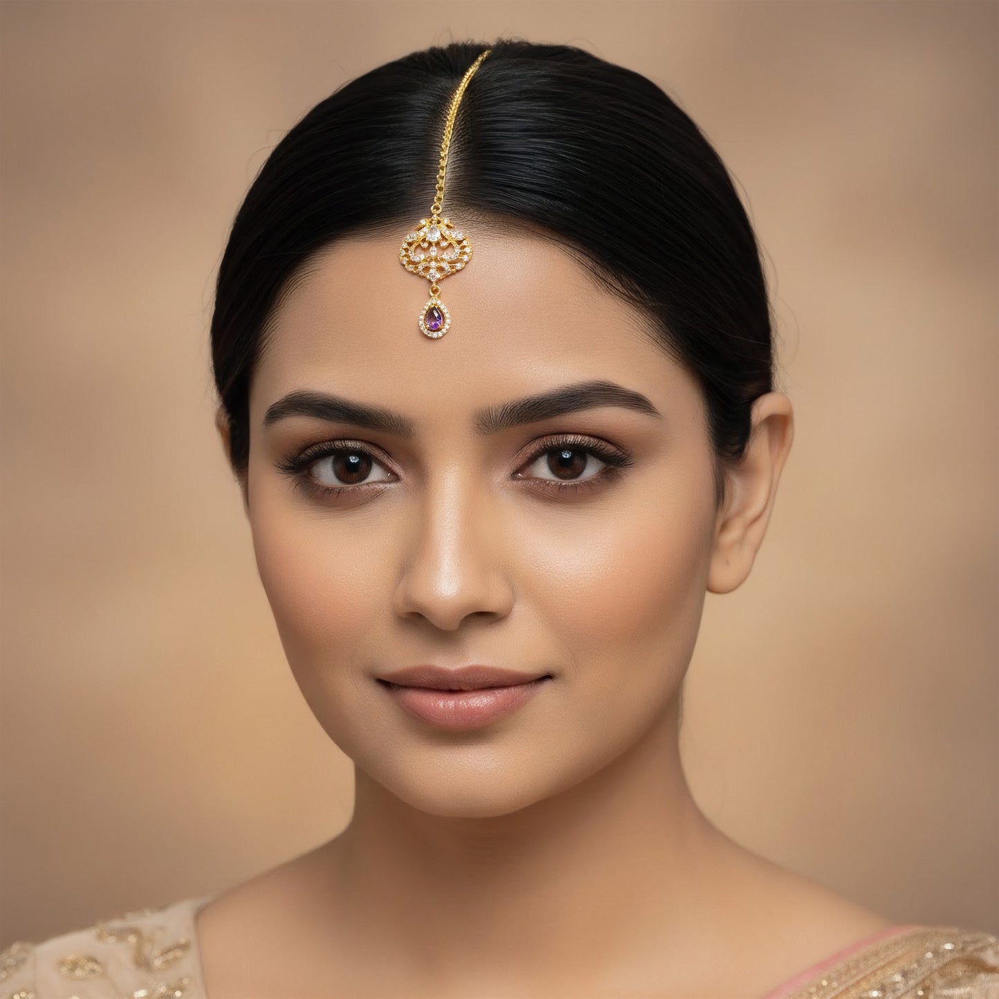 Gold Plated Purple AD Maang Tikka for Women