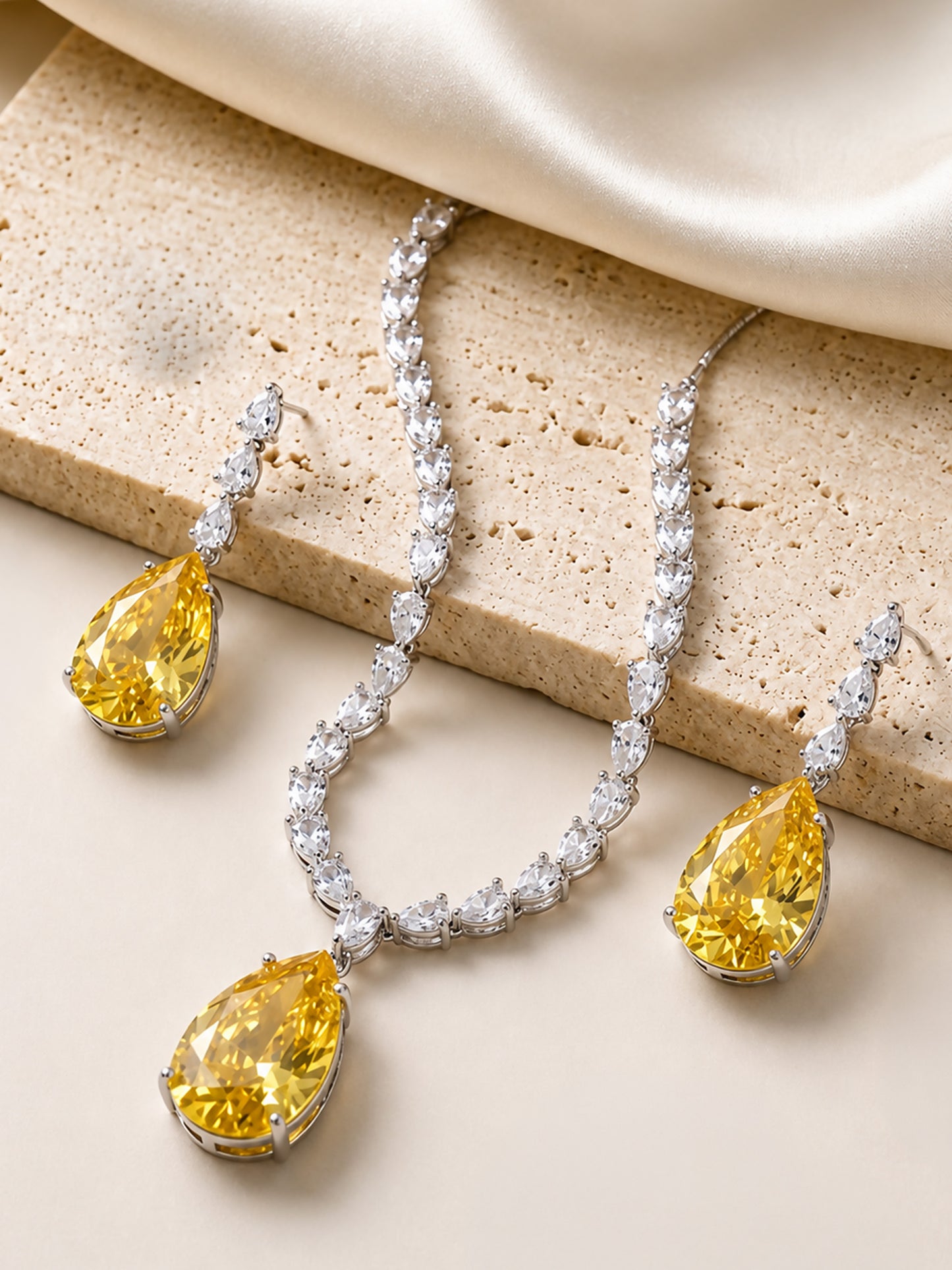 Silver Plated Yellow Teardrop AD Jewellery Set for Women
