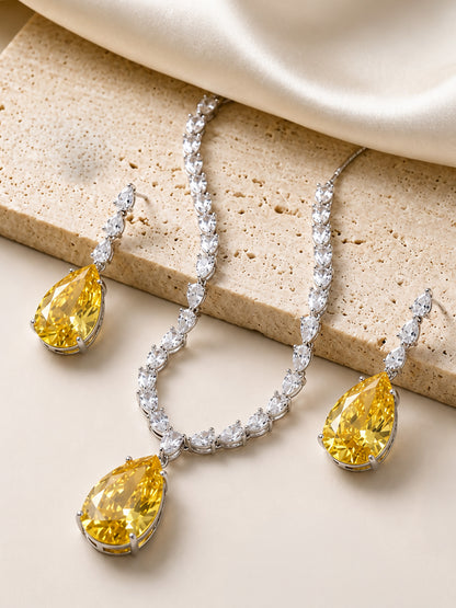 Silver Plated Yellow Teardrop AD Jewellery Set for Women