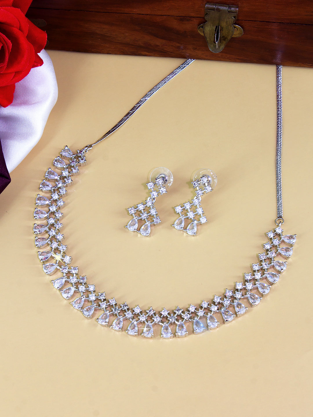 Rhodium-Plated Teardrop AD-Studded Jewellery Set