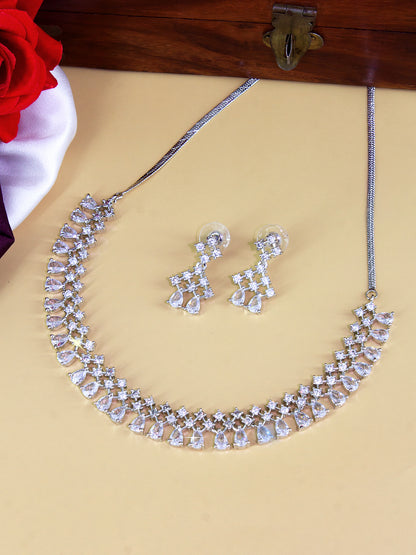 Rhodium-Plated Teardrop AD-Studded Jewellery Set