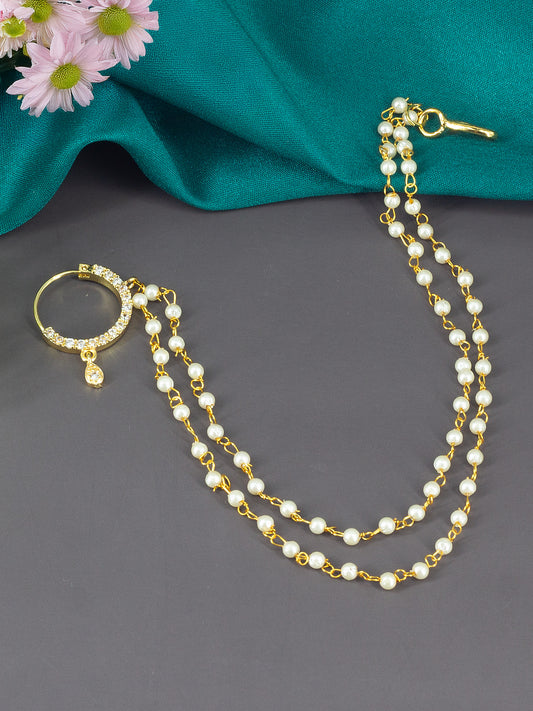 Gold Plated AD Nose Ring with 2 line Pearl Chain