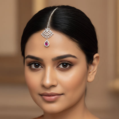 Silver Plated Red AD Maang Tikka for Women