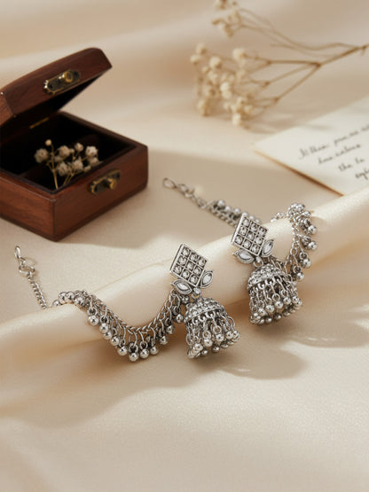 Silver Oxidised Artificial Stone Earrings with Ear Chain for Women