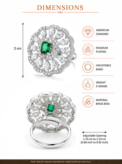 Rhodium Plated Green AD Finger Ring for Women
