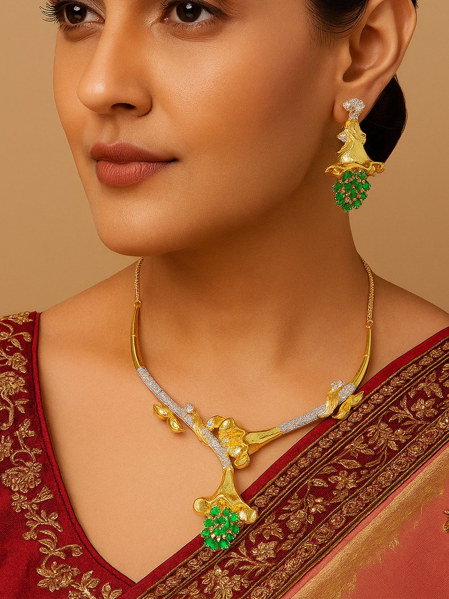 Gold Plated AD Green Floral Jewellery Set for Women