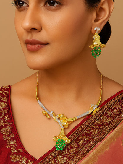 Gold Plated AD Green Floral Jewellery Set for Women