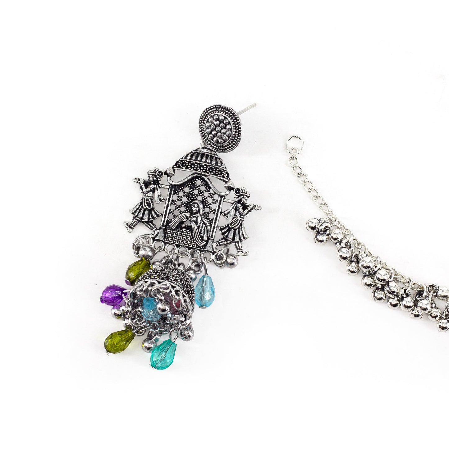 Silver Oxidised Jhumka Earring with Chain for Women