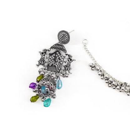 Silver Oxidised Jhumka Earring with Chain for Women
