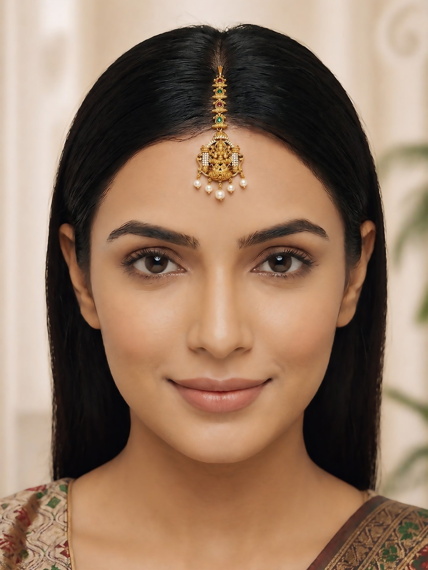 Gold Plated AD Temple Maang Tikka for Women