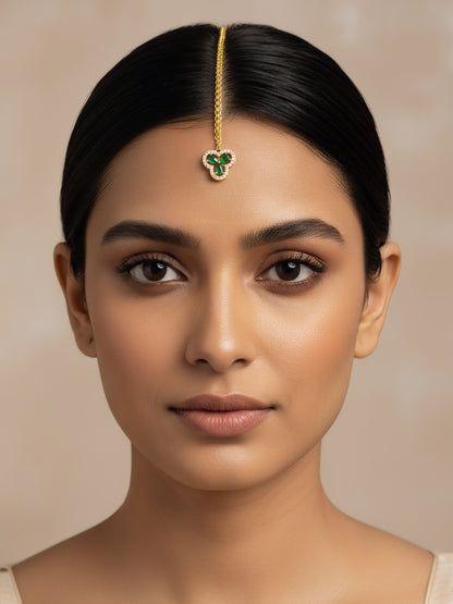 Gold Plated Green Floral AD Maang Tikka for Women