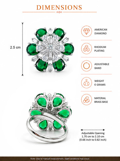 Silver Plated Green AD Floral Finger Ring for Women