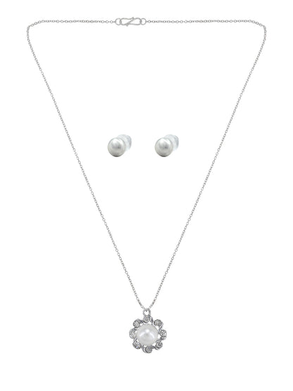 Silver Plated Pearl Floral Pendant & Studs Set
