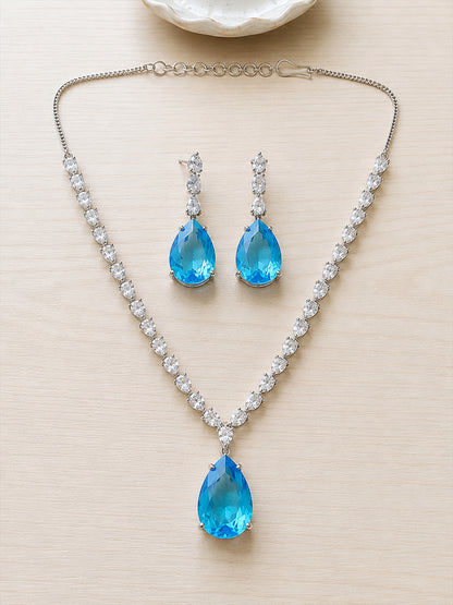 Silver Plated Sea Blue Teardrop AD Jewellery Set for Women