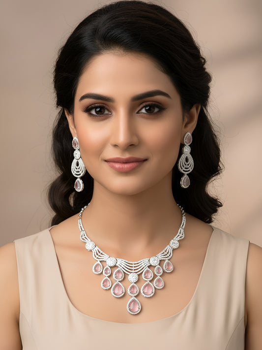 Silver Plated Pink & White AD Designer Jewellery Set
