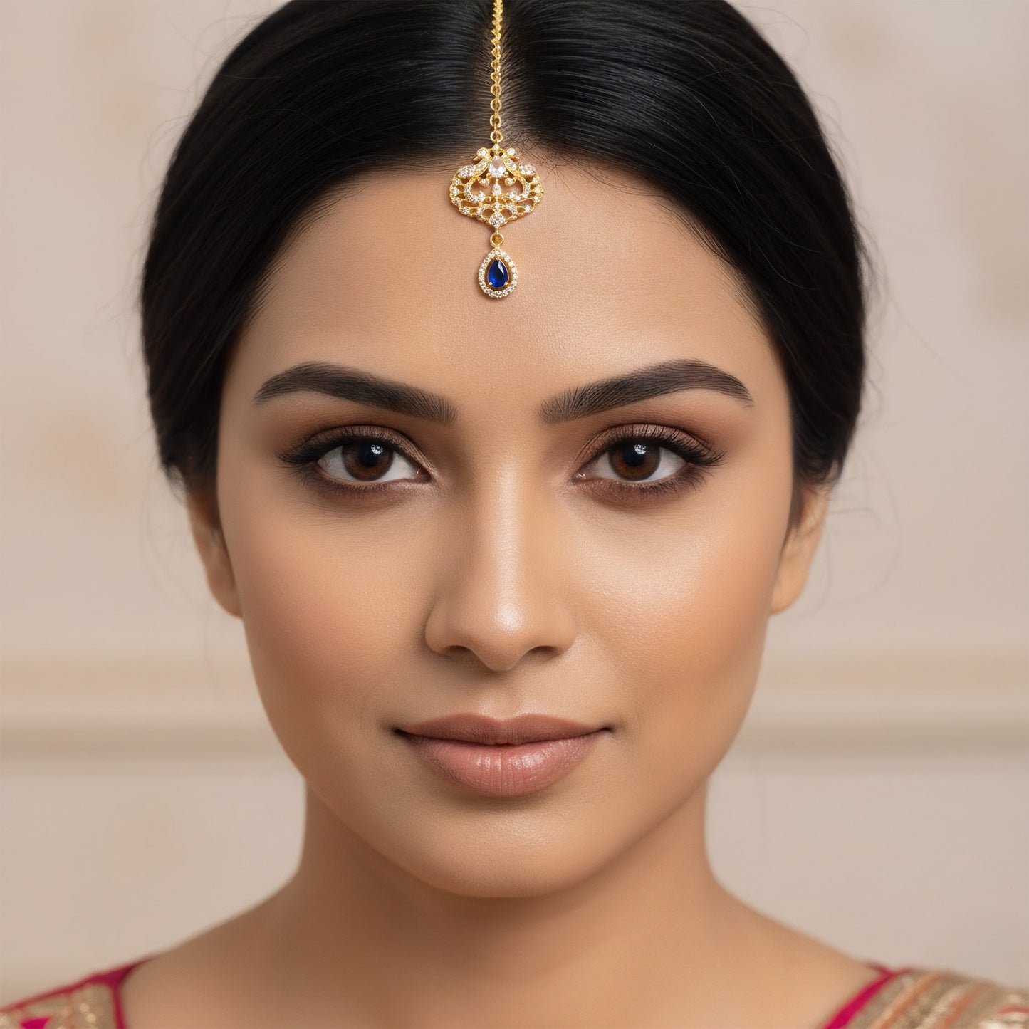 Gold Plated Blue AD Peacock Maang Tikka for Women