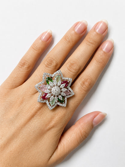 Silver Plated Multi AD Floral Finger Ring for Women