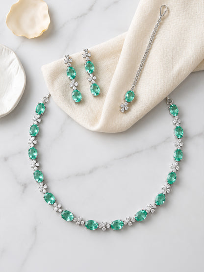 Silver Plated Sea Green AD Jewellery Set for Women
