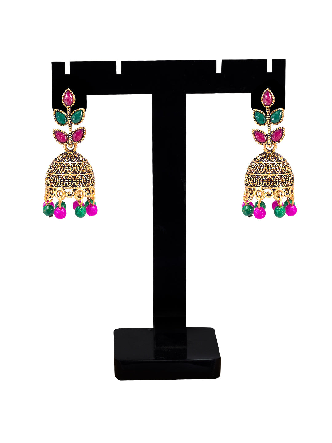 Antique Gold-Plated Leaf Artificial Stone & Beaded Jhumki Earrings